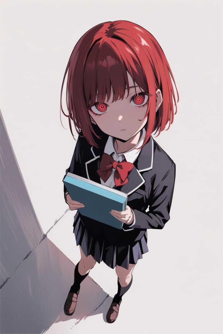 (((manga cover))), wide shot, full body:1.1, ringed eyes, holding book, holding manga:1, 1girl, solo, negative space, (simple white background, standing), cinematic angle, side angle, from above:1, a girl in a school uniform, cute, red hair, bob cut, black pleated skirt, black blazer, red bow in hair, simple, facing viewer, manga illustration style, hand on hip, bangs, staring blankly at the camera, half-closed eyes, detailed red eyes