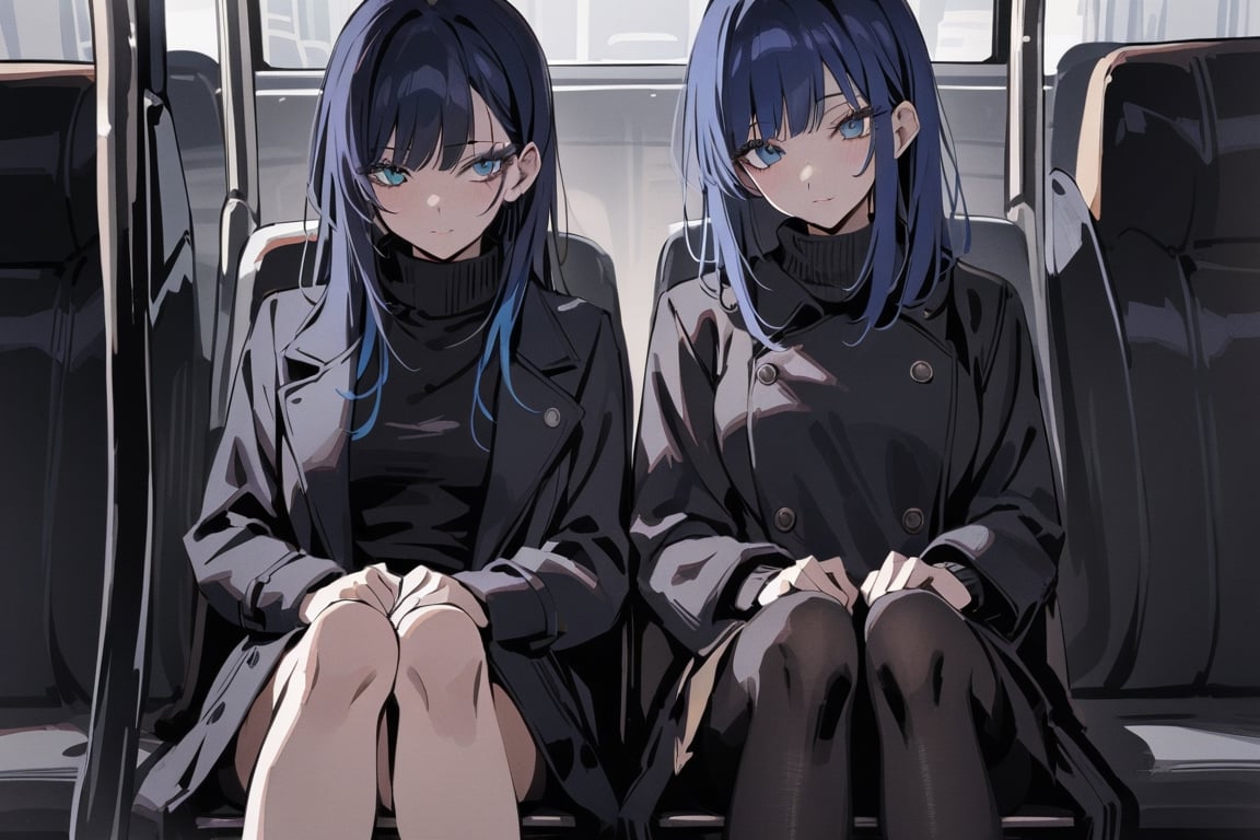 masterpiece,  2girls:1, best quality, hands on lap, centered medium shot, crossed legs, negative space, ((wide shot sitting on bus, bench)), two girls in long black winter coat, long black winter coat,
 black sweater underneath, close, eyes, detailed eyelashes, sharp eyes, dark royal blue hair, medium length hair, hair behind ear, side bangs, (black coat, black pleated skirt, black tights), simple, facing viewer, manga illustration style, bangs, black backpack