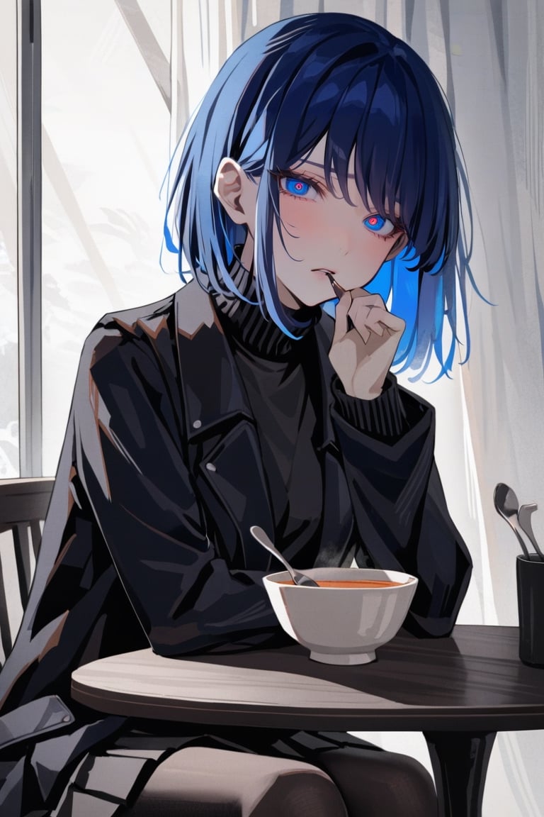 masterpiece, high contrast, sitting, sitting at table, eating bowl of soup iwth spoon, a girl in long black winter coat, looking at viewer,

long black winter coat, black sweater underneath, bob cut, dark royal blue hair, medium length hair, hair behind ear, side bangs, (black coat, black pleated skirt, black tights)
,xlinex