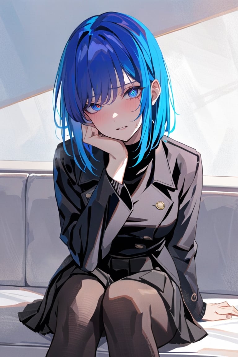 masterpiece, high contrast, sitting, sitting at bar a girl in long black winter coat, looking at viewer, one head resting on hand, one hand holding spoon, 

long black winter coat, black sweater underneath, bob cut, dark royal blue hair, medium length hair, hair behind ear, side bangs, (black coat, black pleated skirt, black tights)
,xlinex