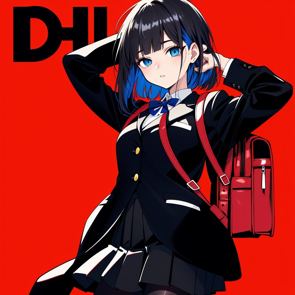 (masterpiece), best quality, reze, detailed eyes, hands behind head, perfect hands, magazine cover, bold letters, striking bold font, comic cover, wearing black backpack, cool expression, medium shot, 1girl, solo, negative space, red background, red background, wearing black backpack, a girl in a school uniform, blue eyes, half closed eyes, detailed eyelashes, sharp eyes, dark royal blue hair, medium length hair, hair behind ear, side bangs, (black blazer, black pleated skirt, black tights), simple, facing viewer, manga illustration-style, bangs, 18 years old, rating: questionable, wearing black backpack, black straps, black blazer, long-sleeved blazer,
,makima,cartoon