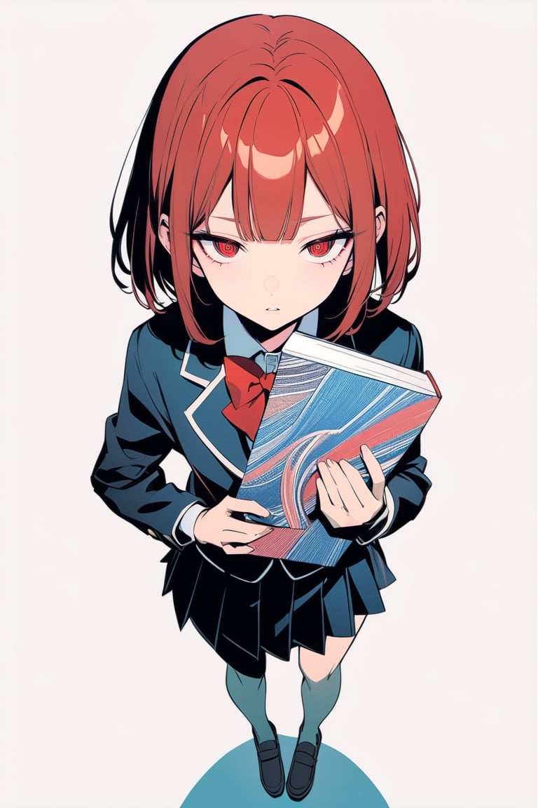 (masterpiece), wide shot, full body:1.1, ringed eyes, holding book, holding manga:1, 1girl, solo, negative space, (simple white background, standing), cinematic angle, side angle, from above:1, a girl in a school uniform, cute, red hair, bob cut, black pleated skirt, black blazer, red bow in hair, simple, facing viewer, manga illustration style, hand on hip, bangs, staring blankly at the camera, half-closed eyes, detailed red eyes