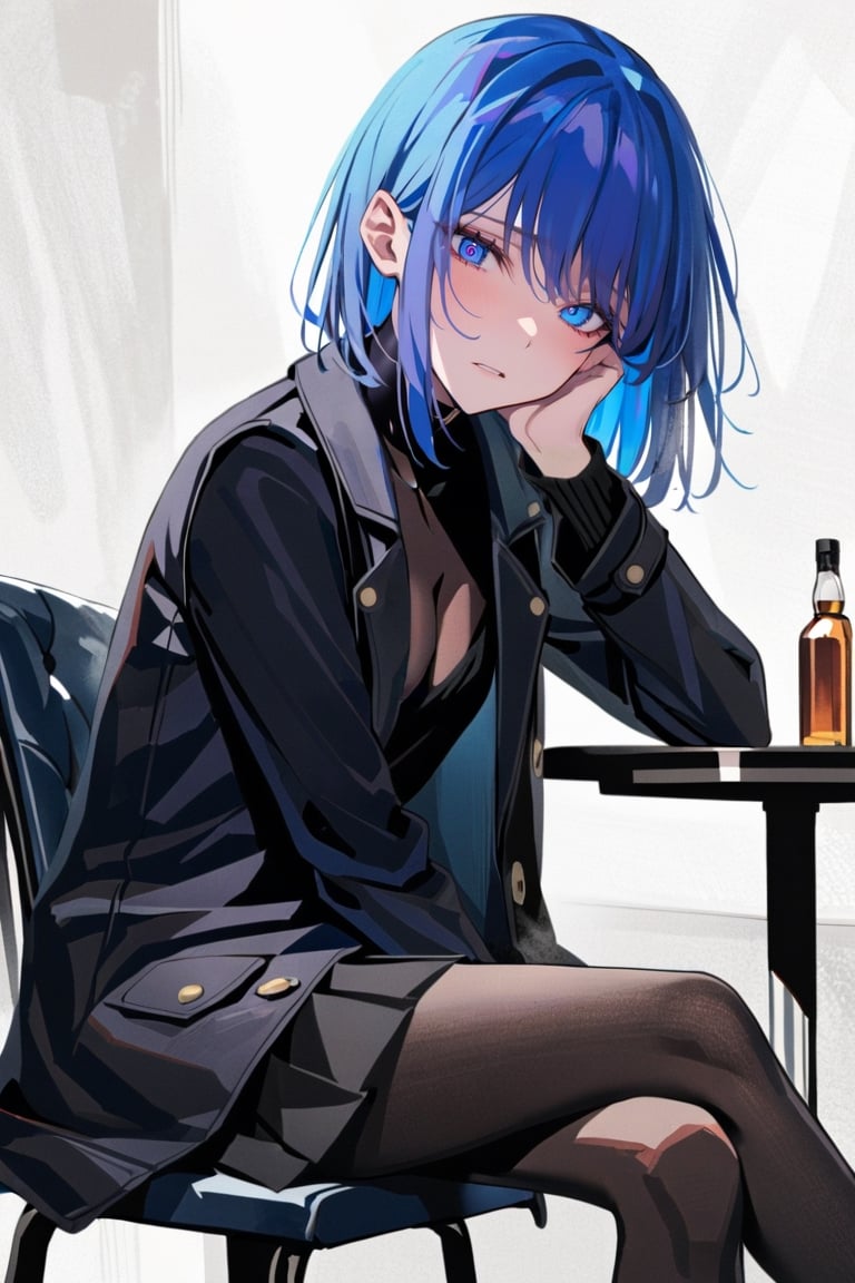 masterpiece, high contrast, sitting, sitting at bar a girl in long black winter coat, looking at viewer, one head resting on hand, one hand holding spoon, 

long black winter coat, black sweater underneath, bob cut, dark royal blue hair, medium length hair, hair behind ear, side bangs, (black coat, black pleated skirt, black tights)
,xlinex