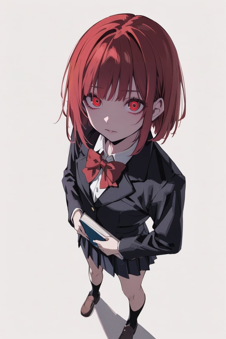 (((manga cover))), wide shot, full body:1.1, ringed eyes, holding book, holding manga:1, 1girl, solo, negative space, (simple white background, standing), cinematic angle, side angle, from above:1, a girl in a school uniform, cute, red hair, bob cut, black pleated skirt, black blazer, red bow in hair, simple, facing viewer, manga illustration style, hand on hip, bangs, staring blankly at the camera, half-closed eyes, detailed red eyes