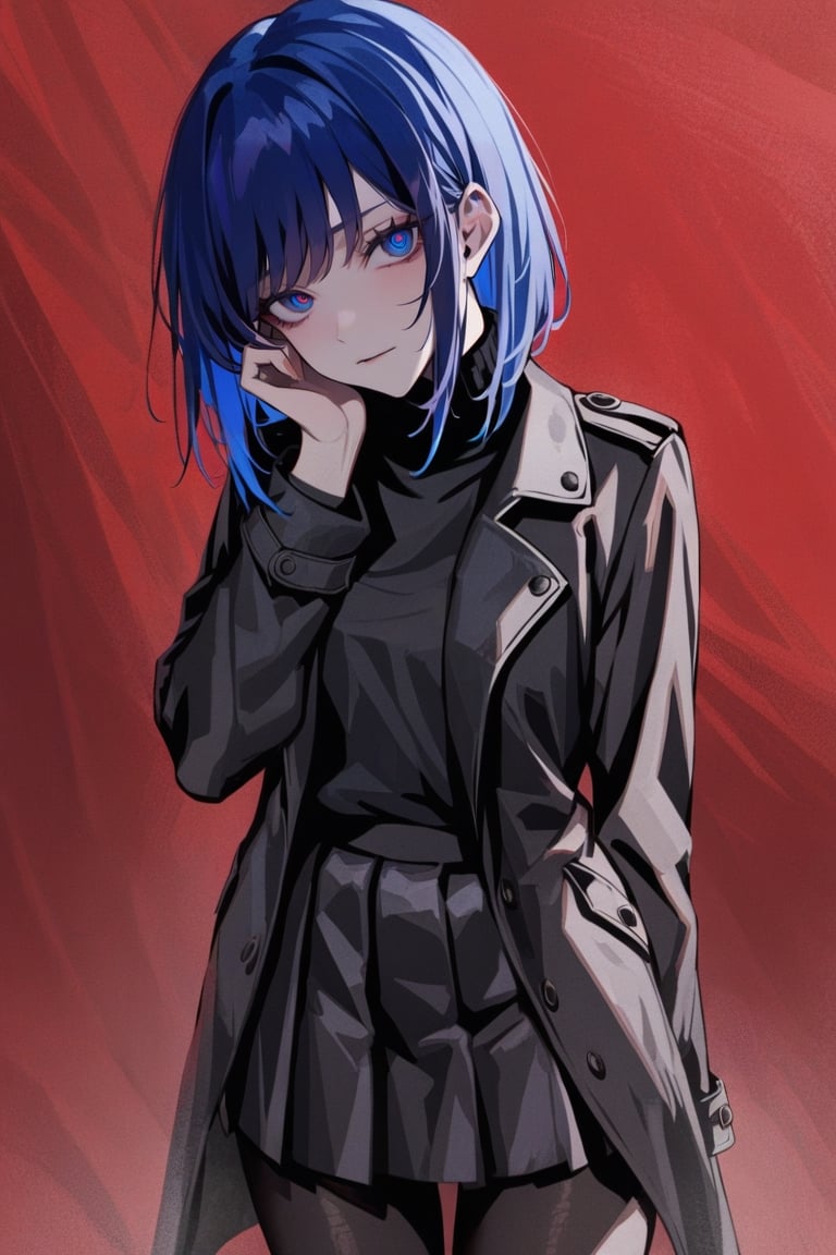 masterpiece, high contrast, 1girl, solo, blue eyes, standing with hands behind back, a girl in long black winter coat, (, open black coat, black sweater underneath, black pleated skirt, black tights) looking at viewer, one head resting on hand, 

red background,

, bob cut, dark royal blue hair, medium length hair, hair behind ear, side bangs,
,xlinex