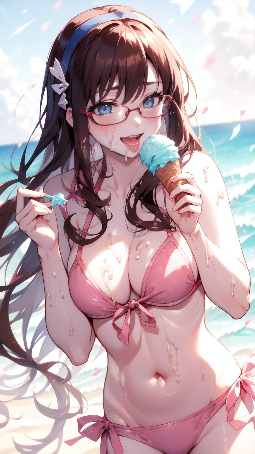 glasses, brown hair, (happy smile), ((eating soft serve ice cream with tongue)), ((pink sexy design bikini)), ultra high resolution, 8k, Hdr, daytime, in the beach, (sweat all over the face)