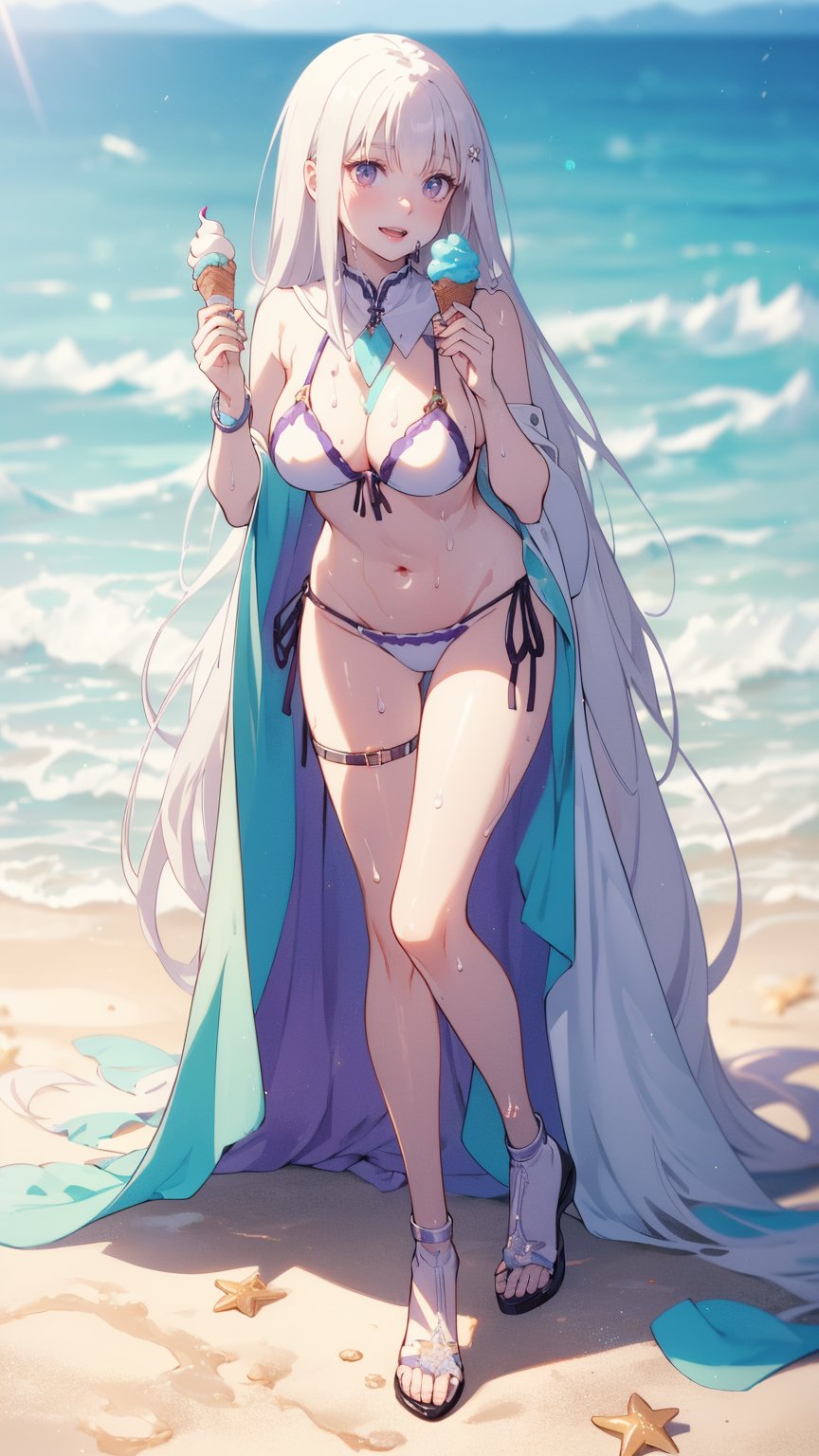 purple eyes, (white long hair), (happy smile), full Body, (Charming smile), ((eating soft serve ice cream with tongue)), ((sexy design bikini)), ultra high resolution, 8k, Hdr, daytime, in the beach, (sweat all over the face)