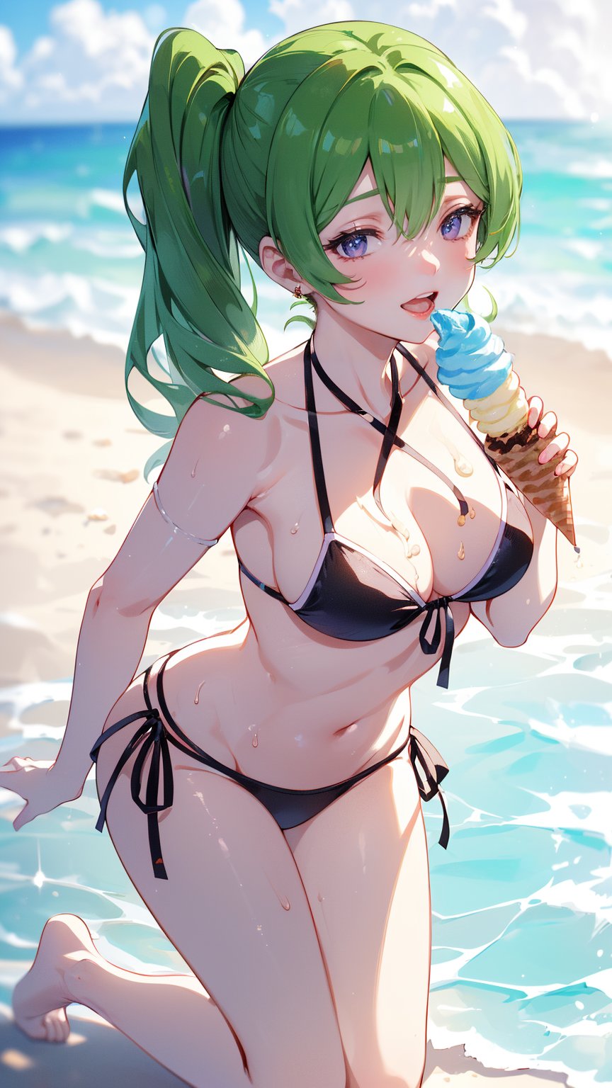 (1 girl), (purple eyes), (green hair), (right side ponytail hairstyle), ((Deep double eyelids)), full Body, (happy smile), ((eating soft serve ice cream with tongue)), ((sexy design bikini)), ultra high resolution, 8k, Hdr, daytime, in the beach, (sweat all over the face)
