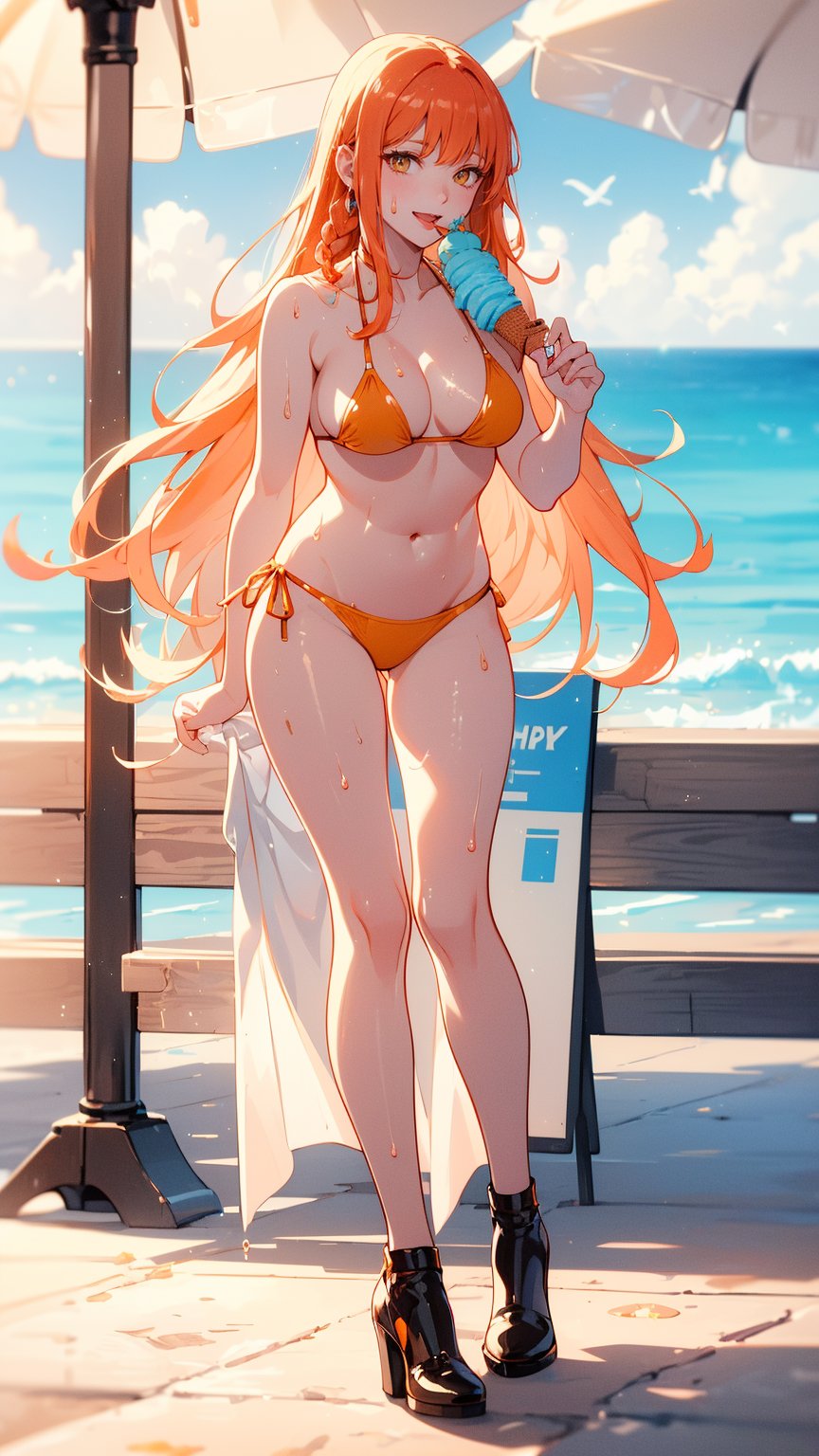 (1 girl), (yellow eyes), (orange hair, one side braid), full Body, (happy smile), ((eating soft serve ice cream with tongue)), ((sexy design bikini)), ultra high resolution, 8k, Hdr, daytime, in the beach, (sweat all over the face)