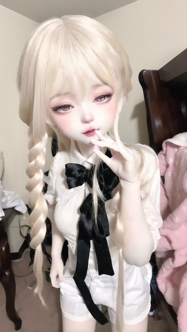A sweet and cute Japanese girl with long blond hair, wearing a white shirt, a dark blue bow on her head, snow-white skin, with her exposed,eyes closed and mouth open, having sex in a missionary position in a dimly lit room,1girl ,beautiful_penis,1girl,EpicDoll