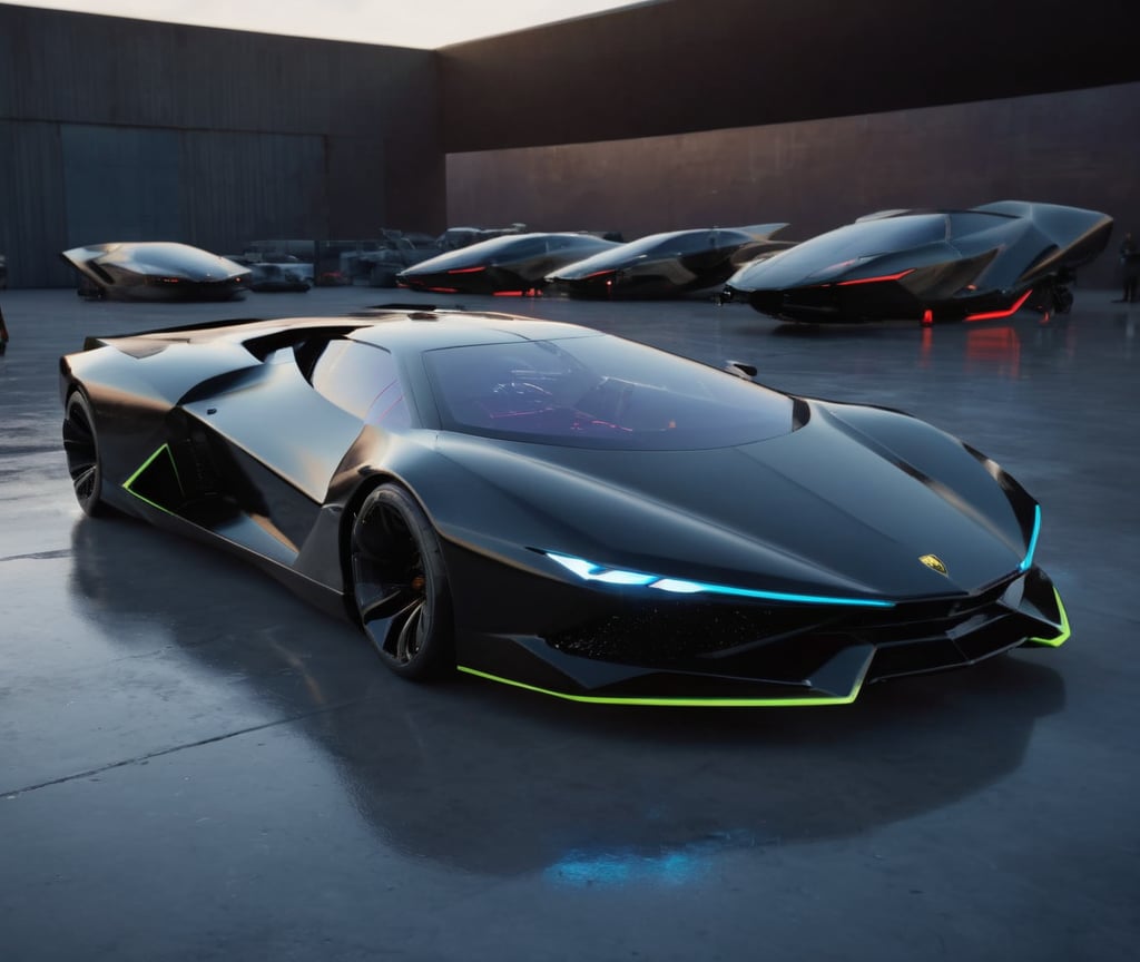  Ultra realistic 8K image, of a Shiny black Massive futurist spaceship with Neon edges and borders, parked on the ground in a space port hanger inspired by cyberpunk,wedge-shaped,  space area background, (Front Side view), sharp focus, symmetrical,fly car ,spcrft,Lamborghini 1980,Starship,HuracánCar,