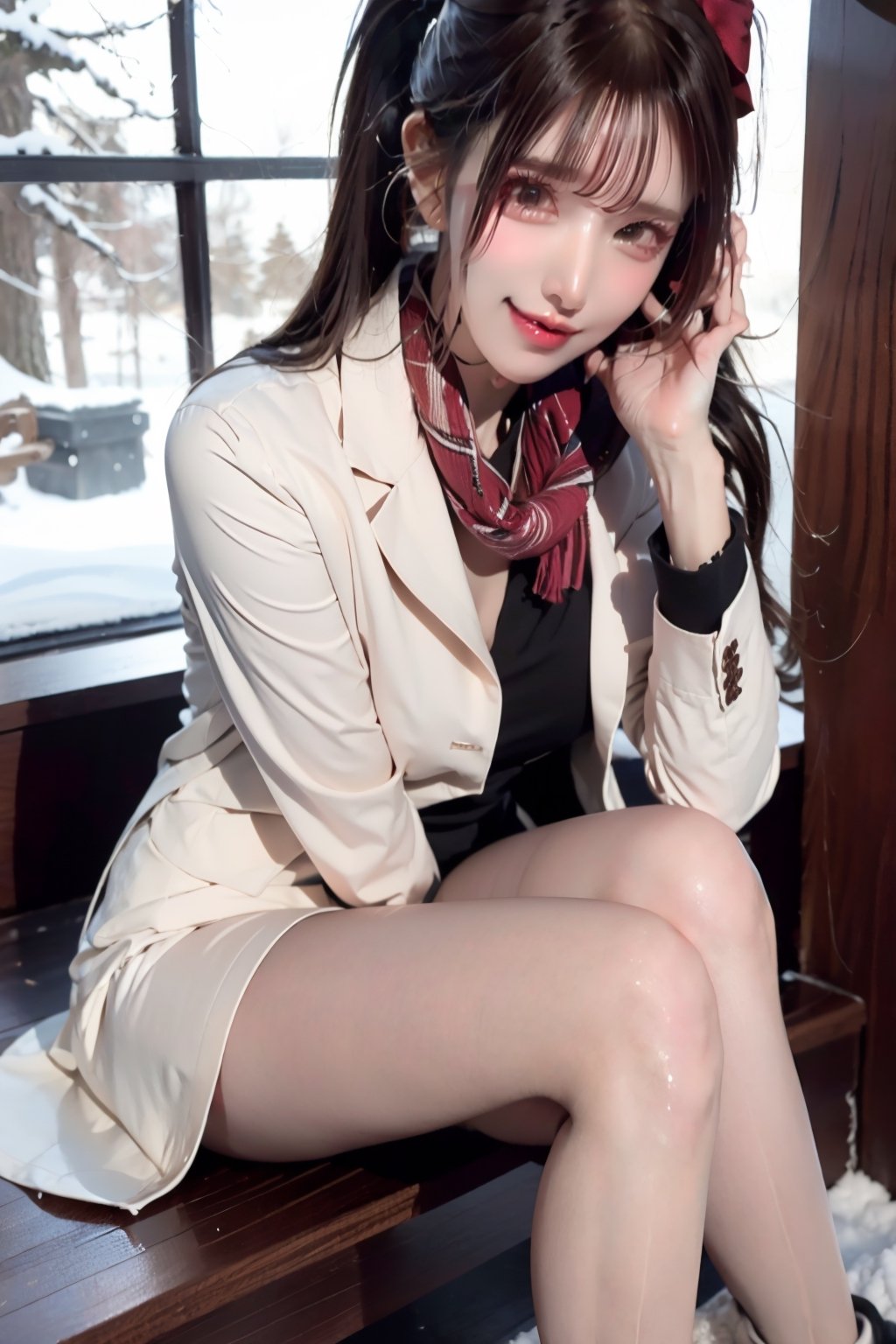 (Best quality, 8k, 32k, Masterpiece, UHD:1.2),Photo of Pretty  woman, stunning, 1girl, (medium dark brown ponytail), double eyelid, natural medium-large breasts, slender legs, tall body, soft curves, skin pores, white coat, knit dress shirt, checkered skirt, red scarf, snow heeled boot, sitting on stairs on shrine, snowy shrine, heavy snow on shrine, fashion model posing, unforgettable beauty, look at viewer, sexy smile, closed to up, lifelike rendering, detailed facial features, detailed real skin texture, detailed details,ffff,33310,shiny oil pantyhose