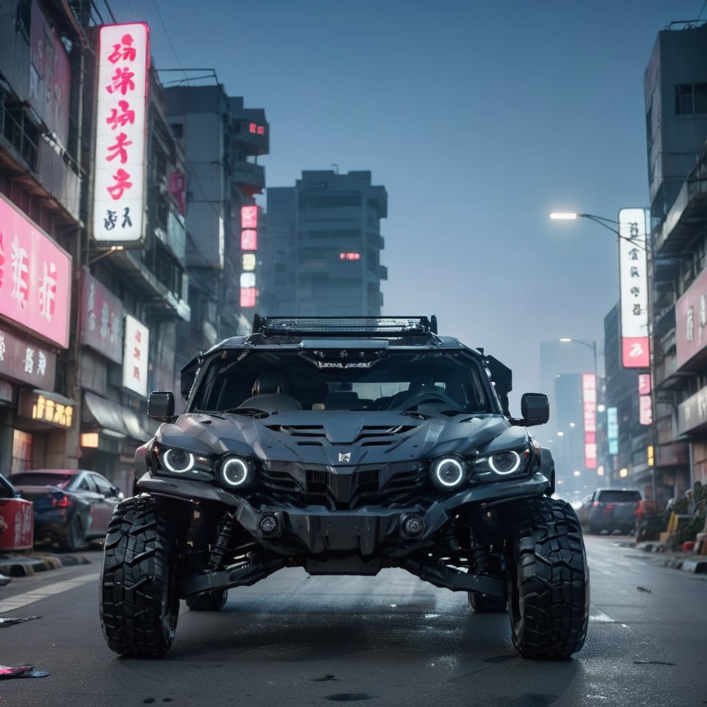 ((masterpiece、highest quality、genuine、Super detailed、High resolution、sharp focus、Live shooting、cinematic lighting))、((vehicle focus、there are no humans))、 4 wheels transport vehicle,Abandoned city at dusk,4 door,2 headlights,Double row seat,Correct perspective,big wheels,laser headlight,Body metal,Shield style,Edge wear