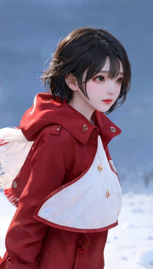 A short-haired girl standing in the snow, Red Coat, head up, breeze blowing hair, snow, snowflakes, depth of field, telephoto lens, messy hair, (close-up) , (sad) , sad and melancholy atmosphere, reference movie love letter, profile, head up, ((floating)) bangs or fringes of hair, eyes focused, half-closed, center frame, bottom to top,
,,tianqiong