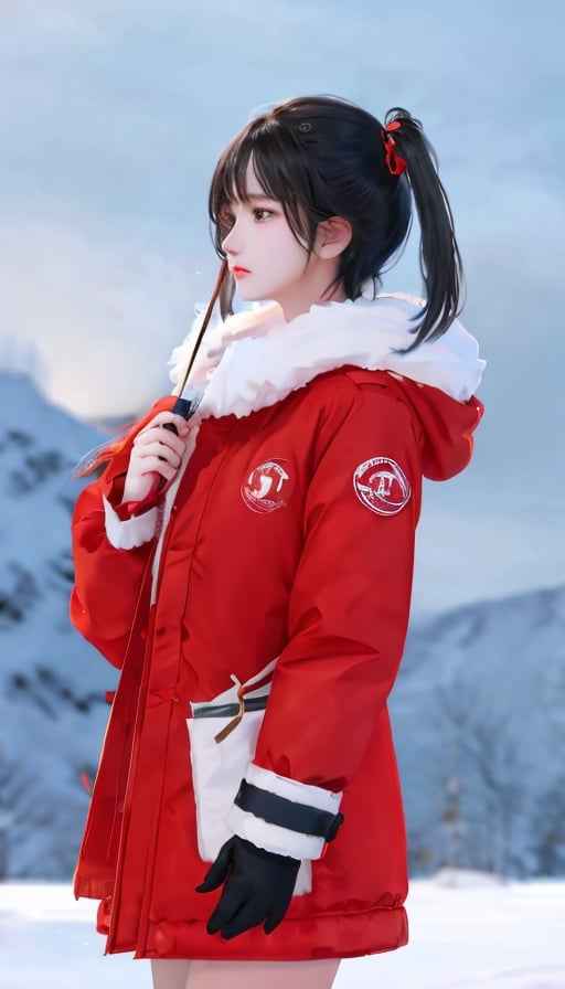  A short-haired girl standing in the snow, Red Coat, head up, breeze blowing hair, snow, snowflakes, depth of field, telephoto lens, messy hair, (close-up) , (sad) , sad and melancholy atmosphere, reference movie love letter, profile, head up, ((floating)) bangs or fringes of hair, eyes focused, half-closed, center frame, bottom to top,
,,tianqiong