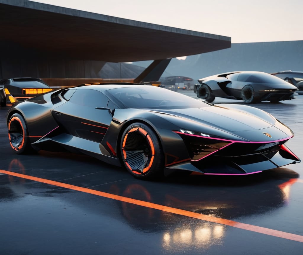  Ultra realistic 8K image, of a Shiny black Massive futurist spaceship with Neon edges and borders, parked on the ground in a space port hanger inspired by cyberpunk,wedge-shaped,  space area background, (Front Side view), sharp focus, symmetrical,fly car ,spcrft,Lamborghini 1980,Starship,HuracánCar,