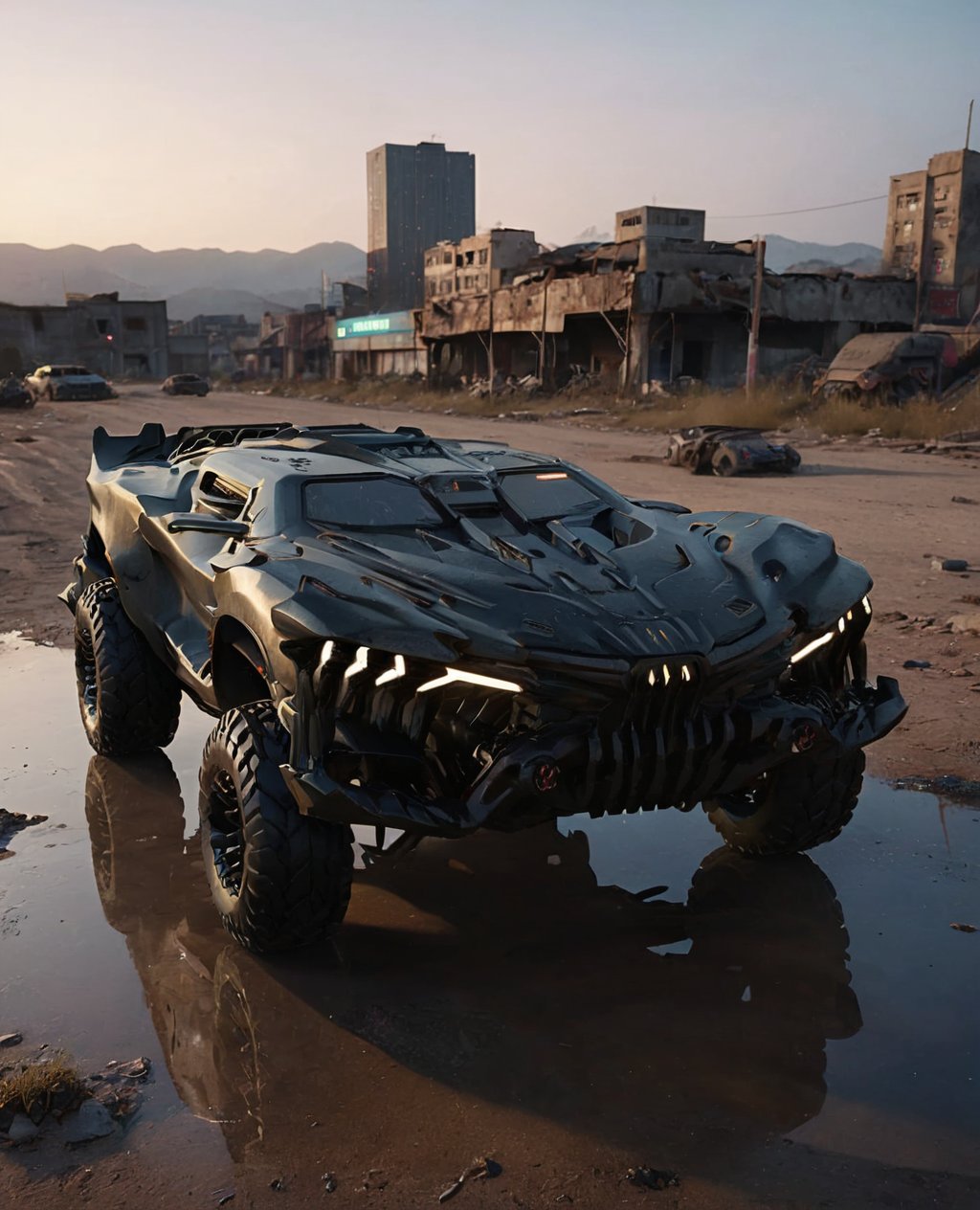 ((masterpiece、highest quality、genuine、Super detailed、High resolution、sharp focus、Live shooting、cinematic lighting))、((vehicle focus、there are no humans))、 4 wheels transport vehicle,Abandoned city at dusk,4 door,2 headlights,Double row seat,Correct perspective,big wheels,laser headlight,