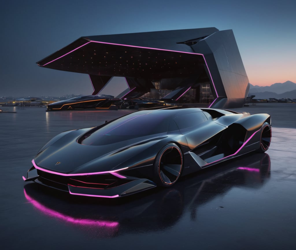  Ultra realistic 8K image, of a Shiny black Massive futurist spaceship with Neon edges and borders, parked on the ground in a space port hanger inspired by cyberpunk,wedge-shaped,  space area background, (Front Side view), sharp focus, symmetrical,fly car ,spcrft,Lamborghini 1980,Starship,HuracánCar,