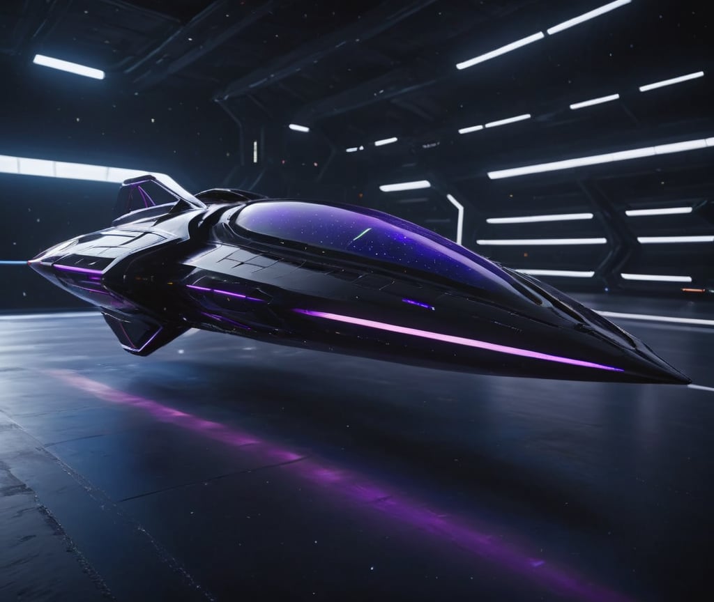  Ultra realistic 8K image, of a Shiny black Massive futurist spaceship with Neon edges and borders, parked on the ground in a space port hanger inspired by cyberpunk,wedge-shaped,  space area background, (Front Side view), sharp focus, symmetrical,fly ship ,spcrft,(Lamborghini Diablo SV: 0.8),Starship,no wheels,