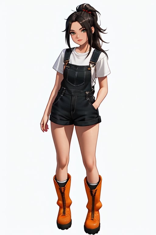 woman with long black hair tied up, wearing short overalls, white t-shirt, wearing big brown boots, long socks, smile, 8K, ultra realistic, semi realistic, 3D realistic anime, full body