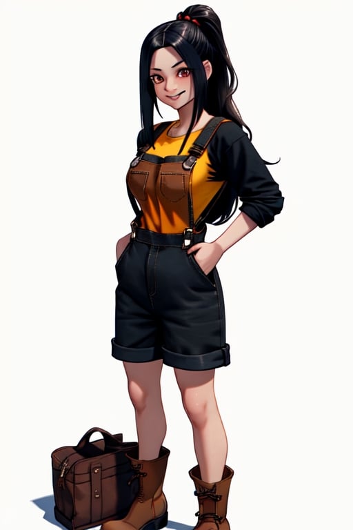 woman with long black hair tied up, wearing short overalls, no shirt, wearing big brown boots, long socks, smile, 8K, ultra realistic, semi realistic, 3D realistic anime,