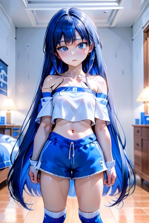  1 small woman, long hair with blue highlights and bangs, wearing strapless tops, nipples, wide shorts, long white socks, ultra detailed, room, 8K, ultra realistic, Realism, Semirealism, Semi Realism,anime,EGirlMakeup