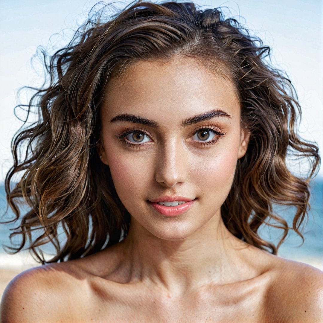 Realistic photo of a stylish young woman with large, captivating eyes, thick eyebrows, a strong jawline, high cheekbones, and a natural complexion. Her hair is in loose waves. slim boned, long limbed, lithe and with very little body fat and little muscle .Highlighting her as a modern.
Holding hairs, smiling 