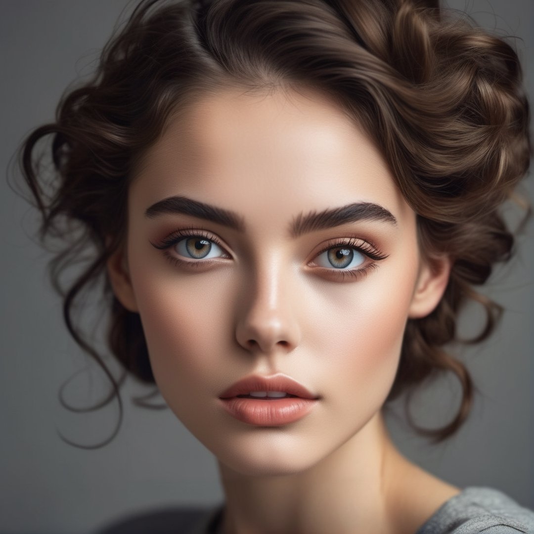 A realistic photo of a stylish young woman with large, captivating eyes, thick eyebrows, a strong jawline, high cheekbones, and a natural complexion. Her hair is in loose waves. slim boned, long limbed, lithe and with very little body fat and little muscle .Highlighting her as a modern