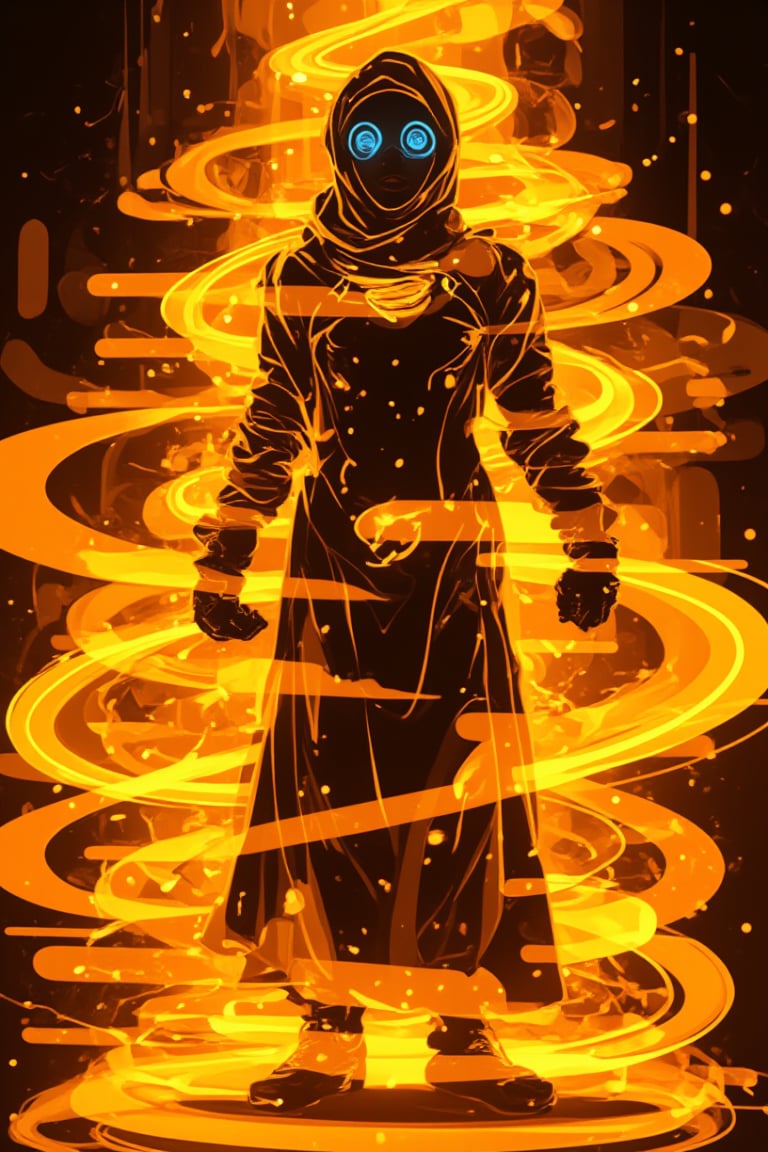 In a gritty, industrial backdrop with warm, glowing kunangkuning hues, Bobotflux, the futuristic warrior, stands tall, exuding confidence. His high-tech armor gleams with intricate golden details, while round goggles reflect blue light in a faiya style. Swirling flames encircle his arms in fiery arcs, as he assumes a determined pose. The intense lighting accentuates his resolute expression and the metallic sheen of his armor, conveying dynamic motion and power.,Fantasy detailers,Fantasy detailers 