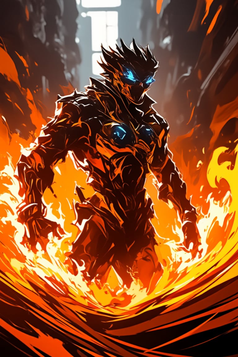 A futuristic Bobotflux,warrior stands confidently, wearing high-tech armor with intricate golden details, and round goggles reflecting blue light in redniji style. He wields swirling, vibrant flames that encircle his arms in fiery arcs. The scene is set in an industrial, slightly blurred background with warm, glowing tones. The intense lighting highlights the character's determined expression and the sleek, metallic texture of his armor, giving the image a sense of dynamic motion and powe,,Fantasy detailers 