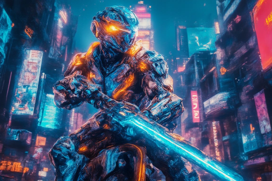 A low-angle shot captures a futuristic kamen rider Bobotflux armored warrior riding on a bike,reda tall amidst a cyberpunk cityscape at night. The warrior's glowing blue and orange armor design radiates energy as he firmly grips his charged blue sword, reflecting vibrant neon lights from the city below. Harsh lighting accentuates the metallic surface, while blurred billboards and city lights in the background create a focused frame on the warrior's determined stance. Amidst this futuristic landscape, the neon-lit night sky shines bright, casting a mesmerizing glow over the scene.,,