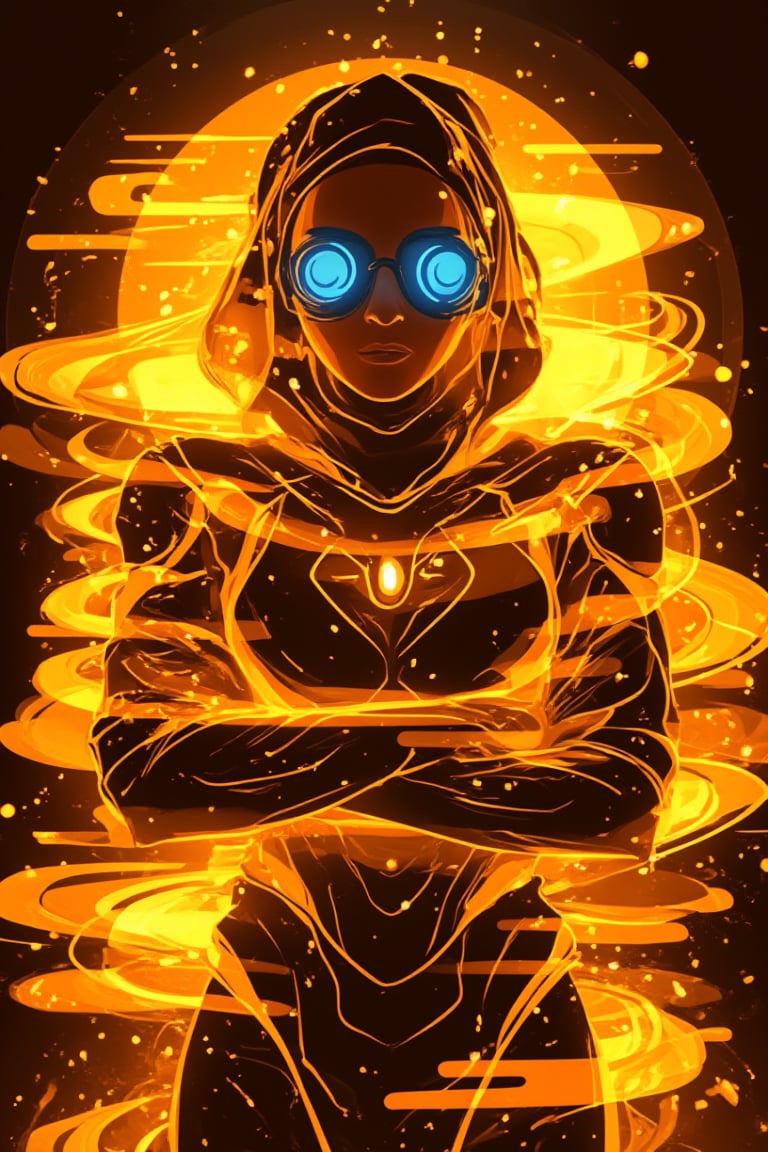 In a gritty, industrial backdrop with warm, glowing kunangkuning hues, Bobotflux, the futuristic warrior, stands tall, exuding confidence. His high-tech armor gleams with intricate golden details, while round goggles reflect blue light in a faiya style. Swirling flames encircle his arms in fiery arcs, as he assumes a determined pose. The intense lighting accentuates his resolute expression and the metallic sheen of his armor, conveying dynamic motion and power.,Fantasy detailers,Fantasy detailers 