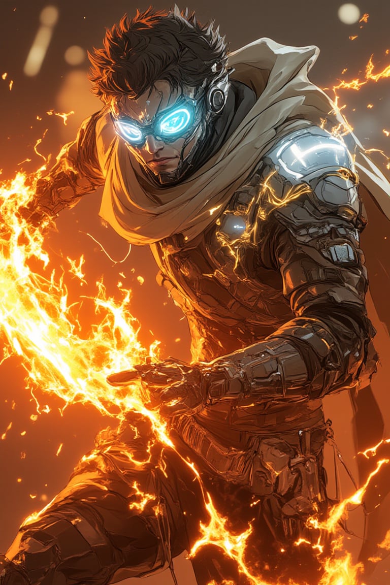 A futuristic Bobotflux,warrior stands confidently, wearing high-tech armor with intricate golden details, and round goggles reflecting blue light in faiya style. He wields swirling, vibrant flames that encircle his arms in fiery arcs. The scene is set in an industrial, slightly blurred background with warm, glowing tones. The intense lighting highlights the character's determined expression and the sleek, metallic texture of his armor, giving the image a sense of dynamic motion and powe,,Fantasy detailers,Fantasy detailers 