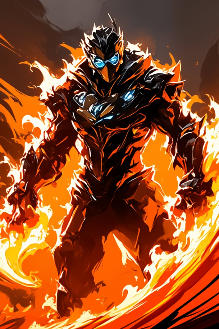 A futuristic Bobotflux,warrior stands confidently, wearing high-tech armor with intricate golden details, and round goggles reflecting blue light in redniji style. He wields swirling, vibrant flames that encircle his arms in fiery arcs. The scene is set in an industrial, slightly blurred background with warm, glowing tones. The intense lighting highlights the character's determined expression and the sleek, metallic texture of his armor, giving the image a sense of dynamic motion and powe,,Fantasy detailers 