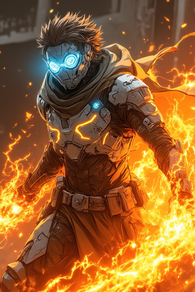 A futuristic Bobotflux,warrior stands confidently, wearing high-tech armor with intricate golden details, and round goggles reflecting blue light in faiya style. He wields swirling, vibrant flames that encircle his arms in fiery arcs. The scene is set in an industrial, slightly blurred background with warm, glowing tones. The intense lighting highlights the character's determined expression and the sleek, metallic texture of his armor, giving the image a sense of dynamic motion and powe,,Fantasy detailers,Fantasy detailers 