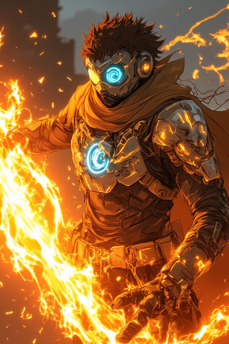 A futuristic Bobotflux,warrior stands confidently, wearing high-tech armor with intricate golden details, and round goggles reflecting blue light in faiya style. He wields swirling, vibrant flames that encircle his arms in fiery arcs. The scene is set in an industrial, slightly blurred background with warm, glowing tones. The intense lighting highlights the character's determined expression and the sleek, metallic texture of his armor, giving the image a sense of dynamic motion and powe,,Fantasy detailers,Fantasy detailers 