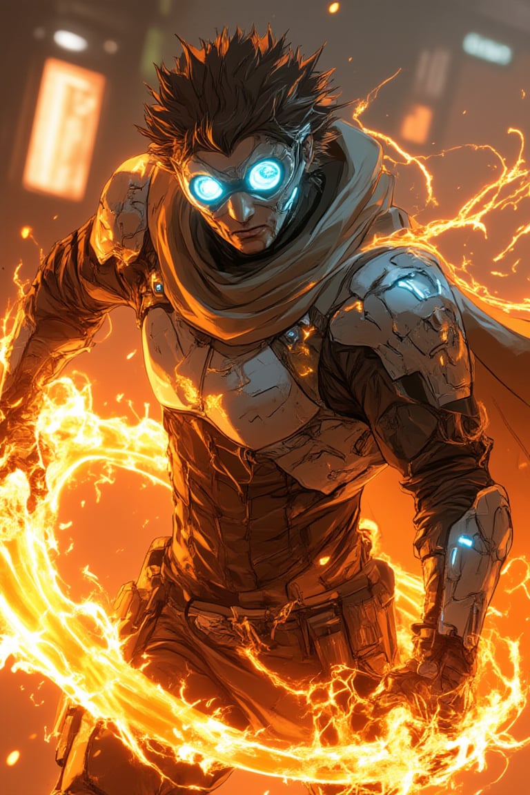 A futuristic Bobotflux,warrior stands confidently, wearing high-tech armor with intricate golden details, and round goggles reflecting blue light in faiya style. He wields swirling, vibrant flames that encircle his arms in fiery arcs. The scene is set in an industrial, slightly blurred background with warm, glowing tones. The intense lighting highlights the character's determined expression and the sleek, metallic texture of his armor, giving the image a sense of dynamic motion and powe,,Fantasy detailers,Fantasy detailers 