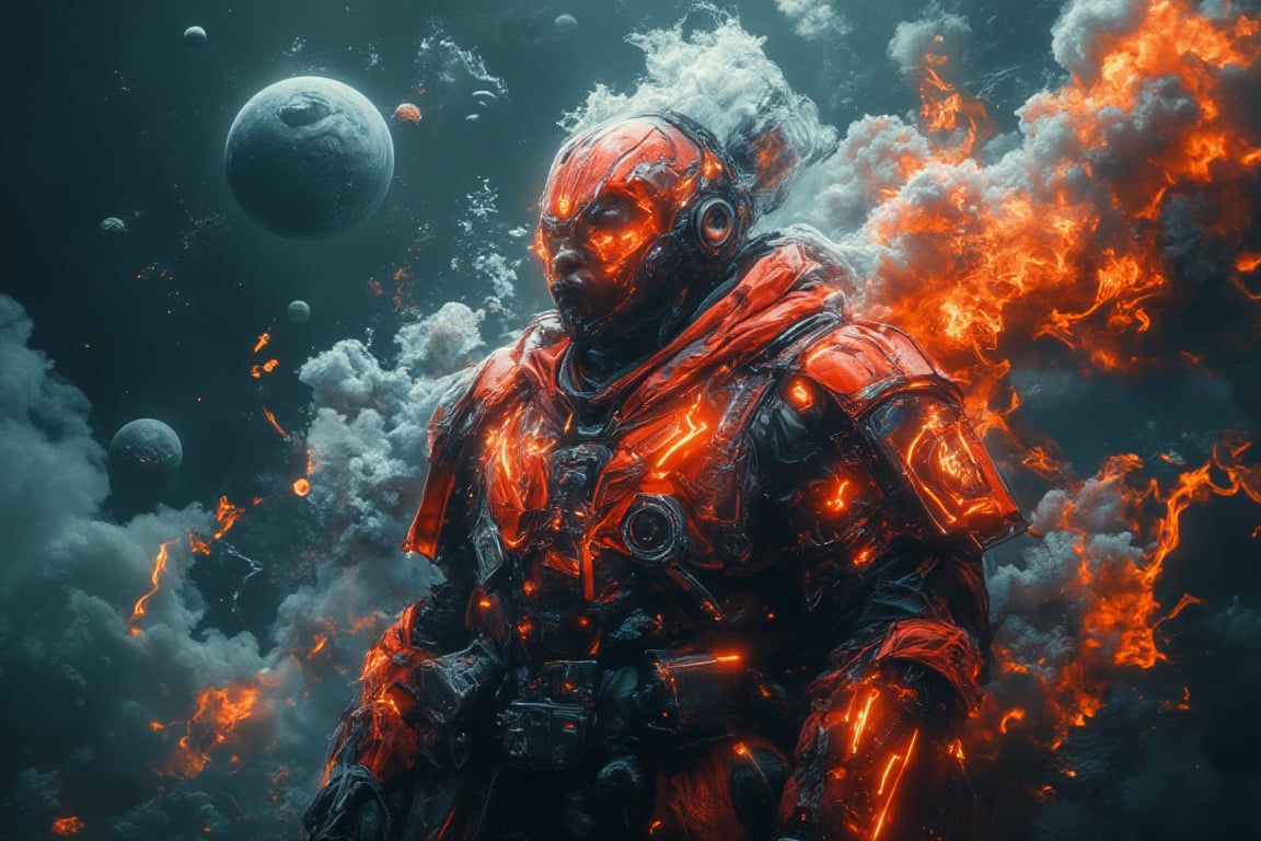 A futuristic ,red samurai,samurai, his red armor glowing like embers, stands tall amidst swirling mist. His cybernetic enhancements hum softly as he gazes upward, surrounded by tendrils of Bobotflux that writhe like ,surreallofi ,ethereal serpents. In the background, a cityscape dissolves into cosmic abstraction, stars and planets orbiting in a dreamlike haze. The samurai's pose exudes quiet determination, his eyes fixed on some distant horizon as the misty veil shrouds him in mystery.