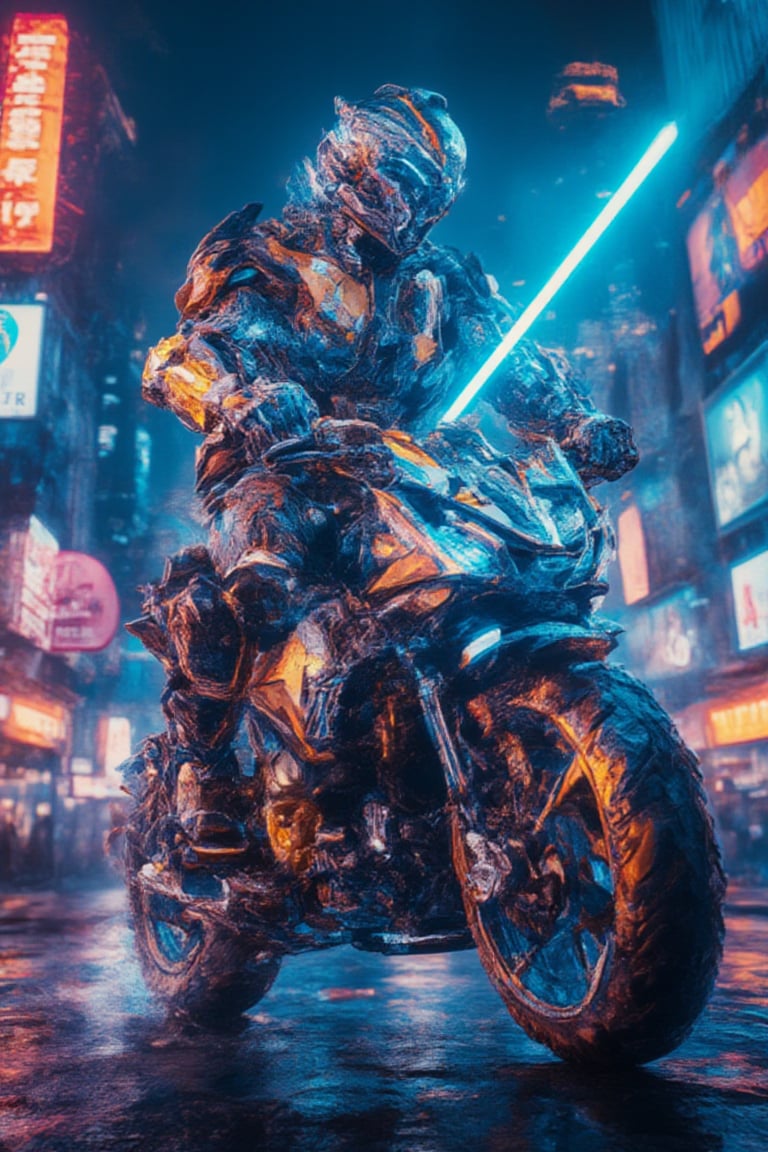 A low-angle shot captures a futuristic kamen rider Bobotflux armored warrior riding on a bike,reda tall amidst a cyberpunk cityscape at night. The warrior's glowing blue and orange armor design radiates energy as he firmly grips his charged blue sword, reflecting vibrant neon lights from the city below. Harsh lighting accentuates the metallic surface, while blurred billboards and city lights in the background create a focused frame on the warrior's determined stance. Amidst this futuristic landscape, the neon-lit night sky shines bright, casting a mesmerizing glow over the scene.,,