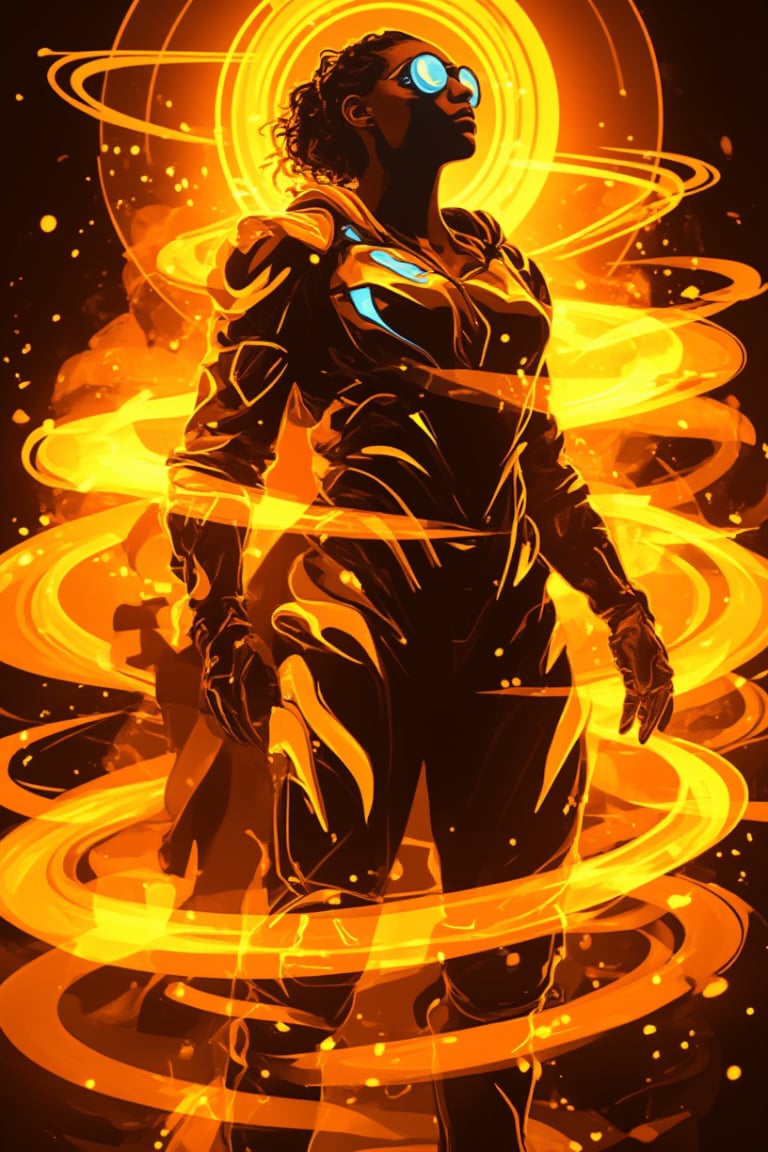 In a gritty, industrial backdrop with warm, glowing kunangkuning hues, Bobotflux, the futuristic warrior, stands tall, exuding confidence. His high-tech armor gleams with intricate golden details, while round goggles reflect blue light in a faiya style. Swirling flames encircle his arms in fiery arcs, as he assumes a determined pose. The intense lighting accentuates his resolute expression and the metallic sheen of his armor, conveying dynamic motion and power.,Fantasy detailers,Fantasy detailers 