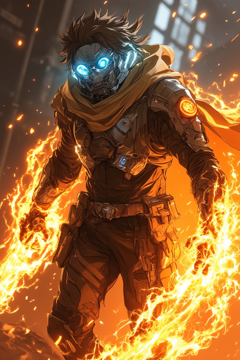 A futuristic Bobotflux,warrior stands confidently, wearing high-tech armor with intricate golden details, and round goggles reflecting blue light in faiya style. He wields swirling, vibrant flames that encircle his arms in fiery arcs. The scene is set in an industrial, slightly blurred background with warm, glowing tones. The intense lighting highlights the character's determined expression and the sleek, metallic texture of his armor, giving the image a sense of dynamic motion and powe,,Fantasy detailers,Fantasy detailers 