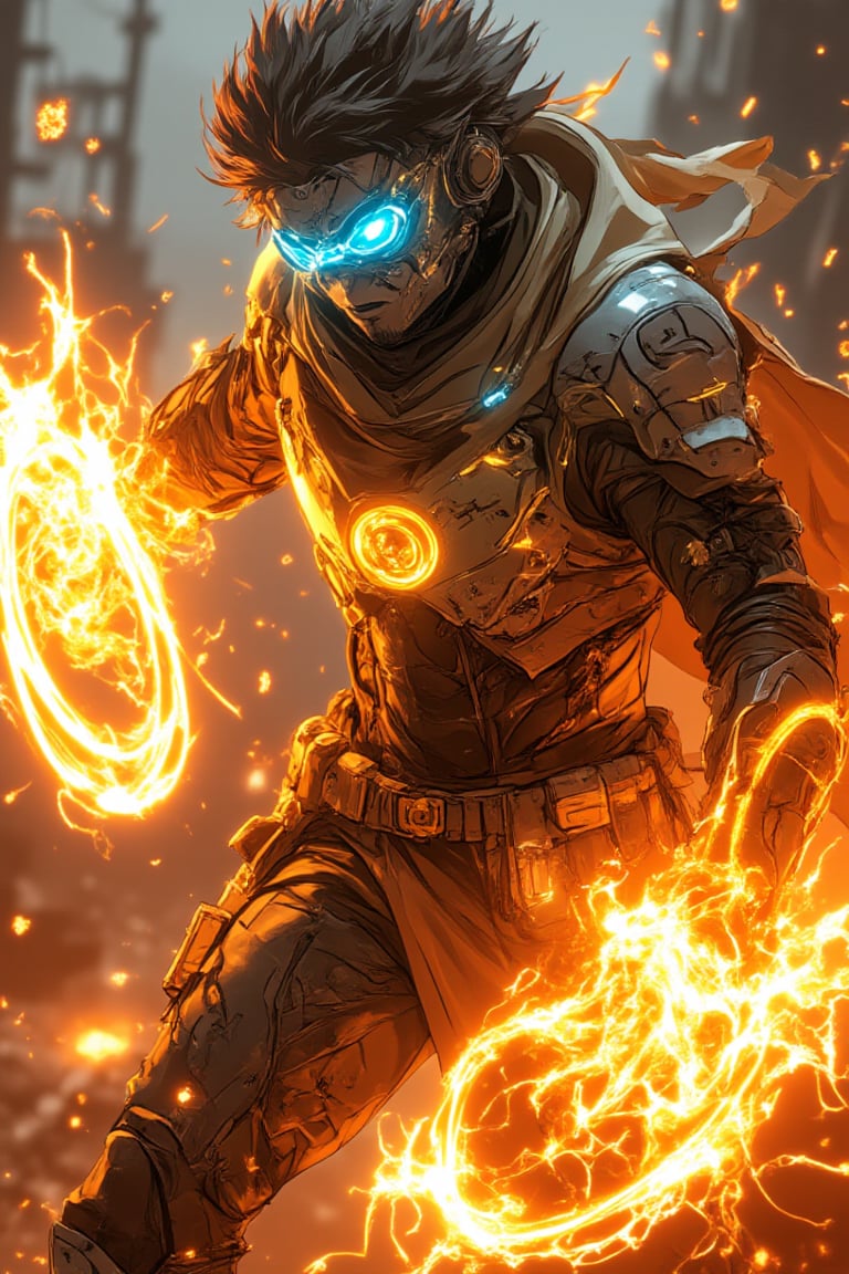 A futuristic Bobotflux,warrior stands confidently, wearing high-tech armor with intricate golden details, and round goggles reflecting blue light in faiya style. He wields swirling, vibrant flames that encircle his arms in fiery arcs. The scene is set in an industrial, slightly blurred background with warm, glowing tones. The intense lighting highlights the character's determined expression and the sleek, metallic texture of his armor, giving the image a sense of dynamic motion and powe,,Fantasy detailers,Fantasy detailers 