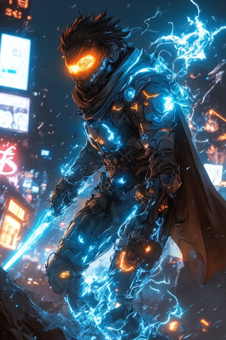 A low-angle shot captures a futuristic Bobotflux armored warrior standing tall amidst a cyberpunk cityscape at night. The warrior's glowing blue and orange armor design radiates faiya energy as he firmly grips his charged blue sword, reflecting vibrant neon lights from the city below. Harsh lighting accentuates the metallic surface, while blurred billboards and city lights in the background create a focused frame on the warrior's determined stance. Amidst this futuristic landscape, the neon-lit night sky shines bright, casting a mesmerizing glow over the scene.,,