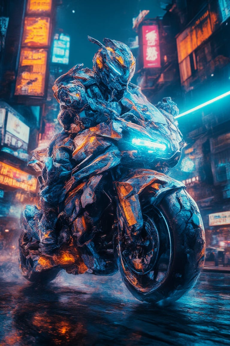 A low-angle shot captures a futuristic kamen rider Bobotflux armored warrior riding on a bike,reda tall amidst a cyberpunk cityscape at night. The warrior's glowing blue and orange armor design radiates energy as he firmly grips his charged blue sword, reflecting vibrant neon lights from the city below. Harsh lighting accentuates the metallic surface, while blurred billboards and city lights in the background create a focused frame on the warrior's determined stance. Amidst this futuristic landscape, the neon-lit night sky shines bright, casting a mesmerizing glow over the scene.,,