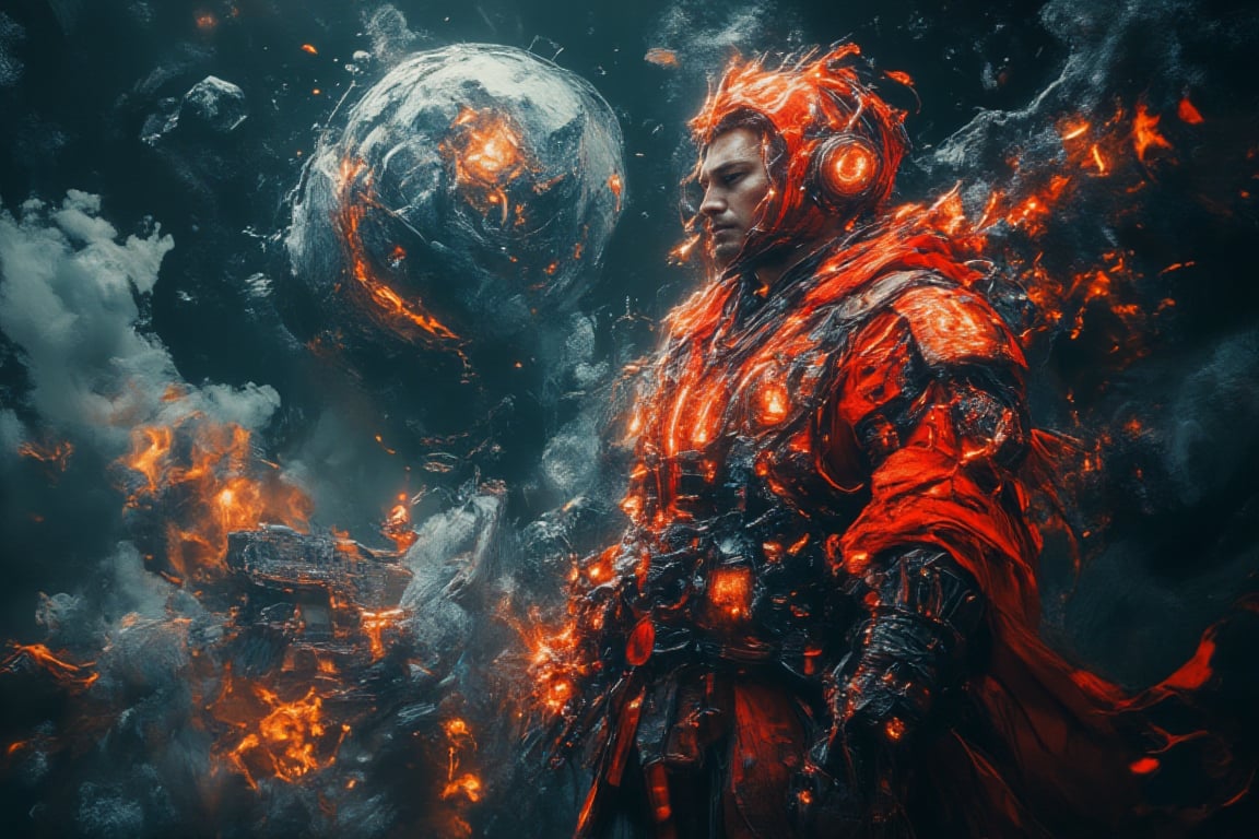 A futuristic ,red samurai,samurai, his red armor glowing like embers, stands tall amidst swirling mist. His cybernetic enhancements hum softly as he gazes upward, surrounded by tendrils of Bobotflux that writhe like ,surreallofi ,ethereal serpents. In the background, a cityscape dissolves into cosmic abstraction, stars and planets orbiting in a dreamlike haze. The samurai's pose exudes quiet determination, his eyes fixed on some distant horizon as the misty veil shrouds him in mystery.