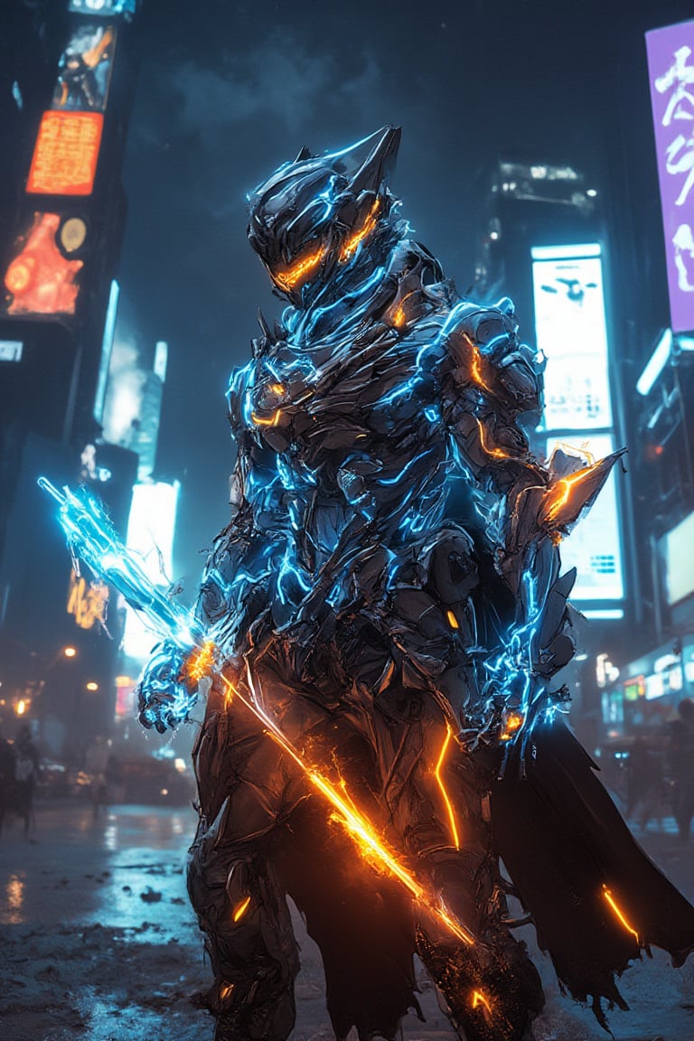 A low-angle shot captures a futuristic Bobotflux armored warrior standing tall amidst a cyberpunk cityscape at night. The warrior's glowing blue and orange armor design radiates faiya energy as he firmly grips his charged blue sword, reflecting vibrant neon lights from the city below. Harsh lighting accentuates the metallic surface, while blurred billboards and city lights in the background create a focused frame on the warrior's determined stance. Amidst this futuristic landscape, the neon-lit night sky shines bright, casting a mesmerizing glow over the scene.,,