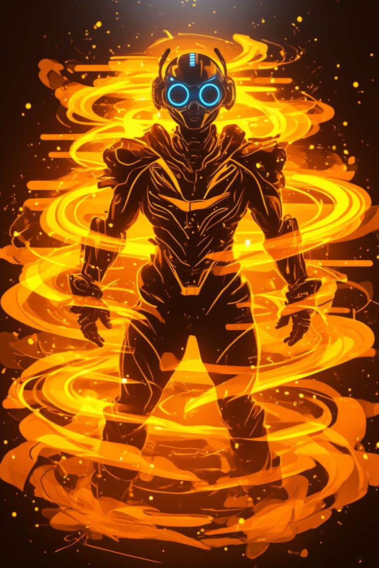 In a gritty, industrial backdrop with warm, glowing kunangkuning hues, Bobotflux, the futuristic warrior, stands tall, exuding confidence. His high-tech armor gleams with intricate golden details, while round goggles reflect blue light in a faiya style. Swirling flames encircle his arms in fiery arcs, as he assumes a determined pose. The intense lighting accentuates his resolute expression and the metallic sheen of his armor, conveying dynamic motion and power.,Fantasy detailers,Fantasy detailers 