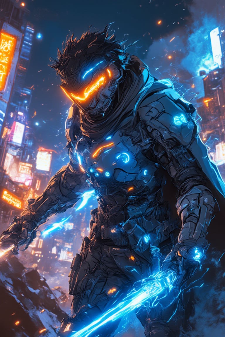 A low-angle shot captures a futuristic Bobotflux armored warrior standing tall amidst a cyberpunk cityscape at night. The warrior's glowing blue and orange armor design radiates faiya energy as he firmly grips his charged blue sword, reflecting vibrant neon lights from the city below. Harsh lighting accentuates the metallic surface, while blurred billboards and city lights in the background create a focused frame on the warrior's determined stance. Amidst this futuristic landscape, the neon-lit night sky shines bright, casting a mesmerizing glow over the scene.,,