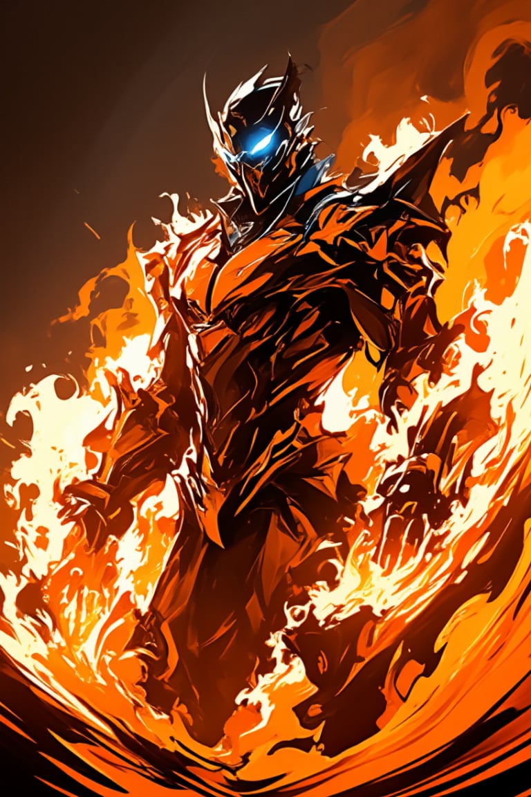 A futuristic Bobotflux,warrior stands confidently, wearing high-tech armor with intricate golden details, and round goggles reflecting blue light in redniji style. He wields swirling, vibrant flames that encircle his arms in fiery arcs. The scene is set in an industrial, slightly blurred background with warm, glowing tones. The intense lighting highlights the character's determined expression and the sleek, metallic texture of his armor, giving the image a sense of dynamic motion and powe,,Fantasy detailers 