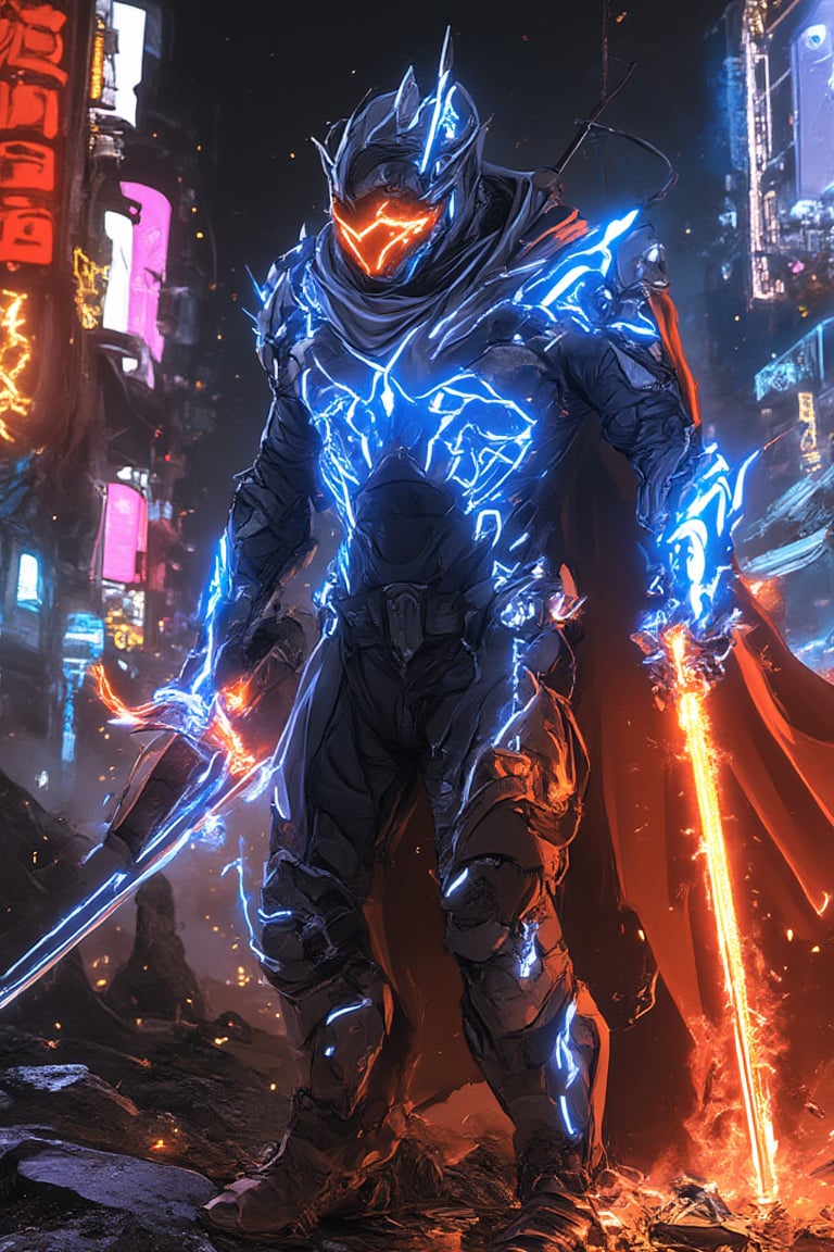 A low-angle shot captures a futuristic Bobotflux armored warrior standing tall amidst a cyberpunk cityscape at night. The warrior's glowing blue and orange armor design radiates faiya energy as he firmly grips his charged blue sword, reflecting vibrant neon lights from the city below. Harsh lighting accentuates the metallic surface, while blurred billboards and city lights in the background create a focused frame on the warrior's determined stance. Amidst this futuristic landscape, the neon-lit night sky shines bright, casting a mesmerizing glow over the scene.,,